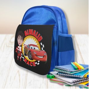 Your child's picture cartoonized with Race car theme design school bag