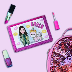 Your child's cartoonized picture with a Unicorn theme design pink wallet